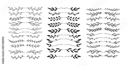Set hand drawn floral elements isolated doodle line style. Outline silhouette branches.