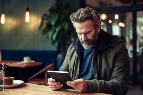 mature man sitting in cafe reading on tablet