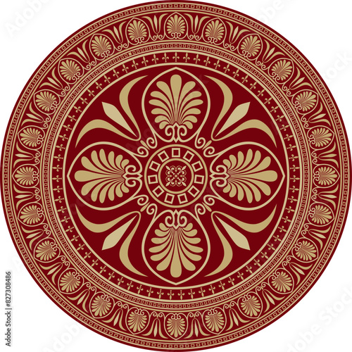Vector gold with red classic Greek round ornament. Circle of Ancient Greece and the Roman Empire. Byzantine painting of walls, floors and ceilings. Decoration of European palaces