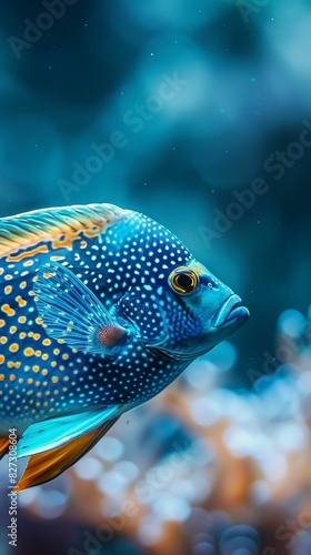 AI illustration of a vibrant orange and blue fish swimming in water with blurred background