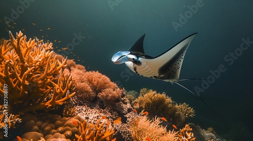 A majestic manta ray glides over a vibrant coral garden, casting shadows as its wings sweep the clear waters. photo