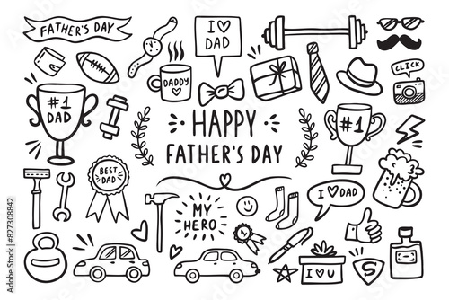 Happy Father's day doodle hand drawn elements. Fathers day comic family collection. Icons father set 