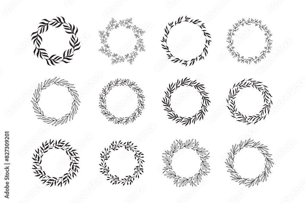 Set of hand drawn round spring wreaths isolated. Collection doodle floral frames. Silhouette circle of leaves. Set of hand drawn round spring wreaths isolated. Collection doodle floral frames. Silhouette circle of leaves.