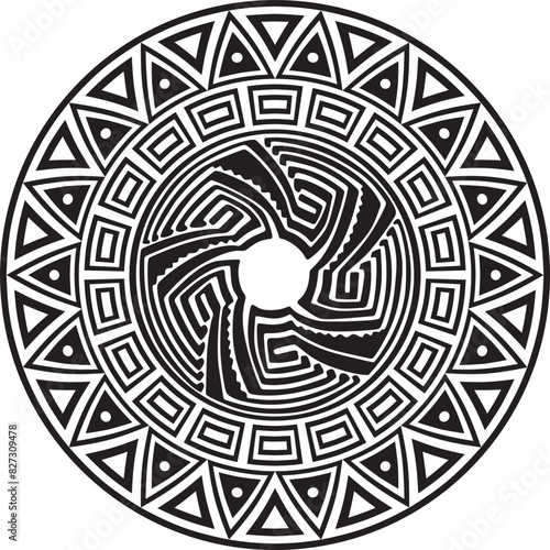 Native American vector round monochrome pattern. Geometric shapes in a circle. National ornament of the peoples of America, Maya, Aztecs, Incas