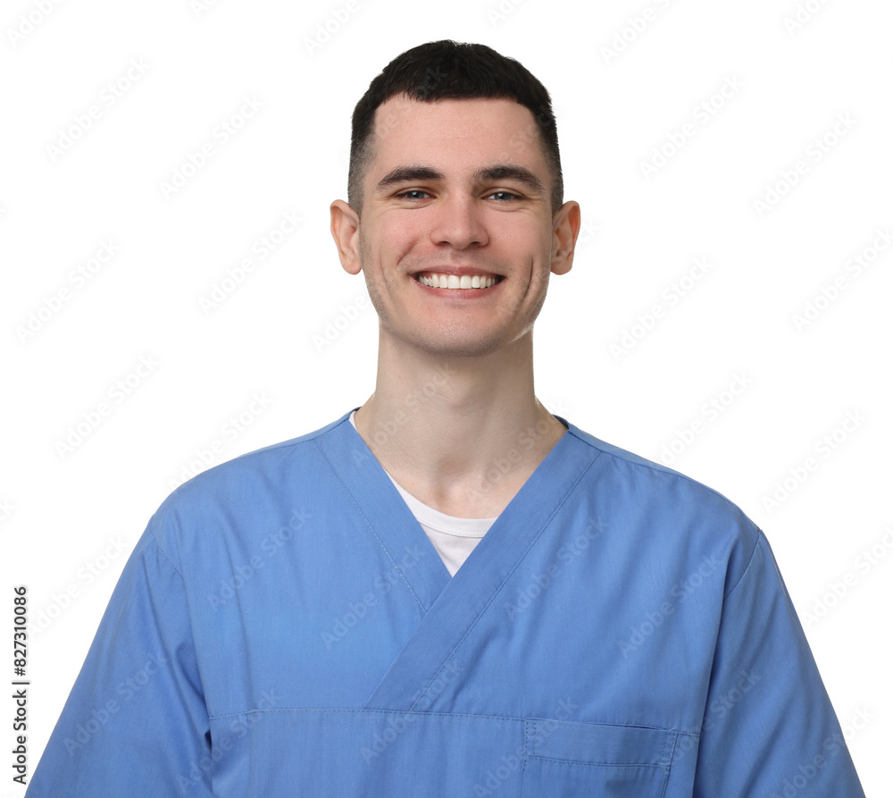 Portrait of smiling medical assistant on white background Portrait of smiling medical assistant on white background
