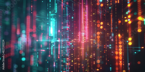 A digital animation of an array of glowing data lines, fast network connection.Colorful vertical light patterns in a digital cityscape with vibrant neon hues creating a futuristic and dynamic atmosph