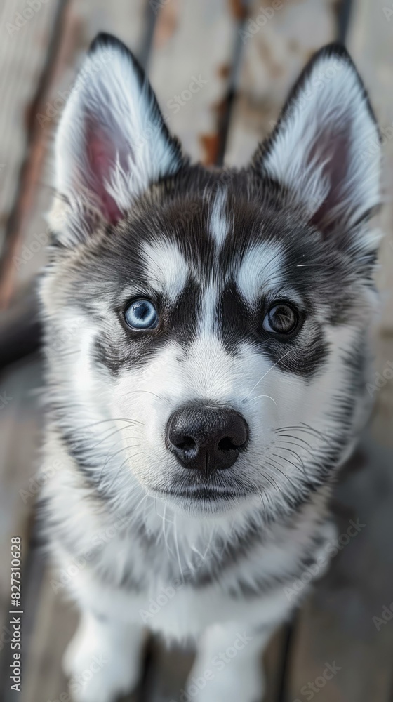 Cute Siberian Husky Puppy Looks Up at Camera
