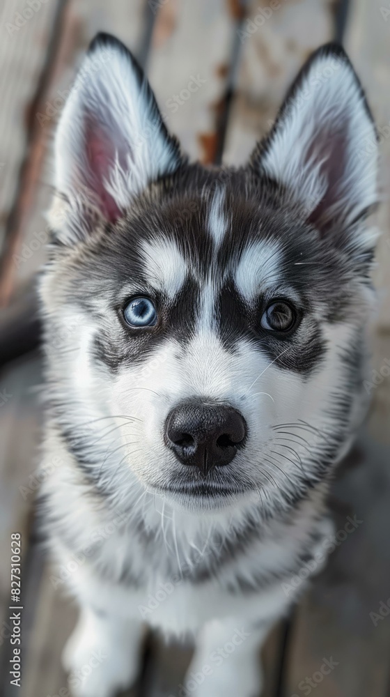 Cute Siberian Husky Puppy Looks Up at Camera Cute Siberian Husky Puppy Looks Up at Camera