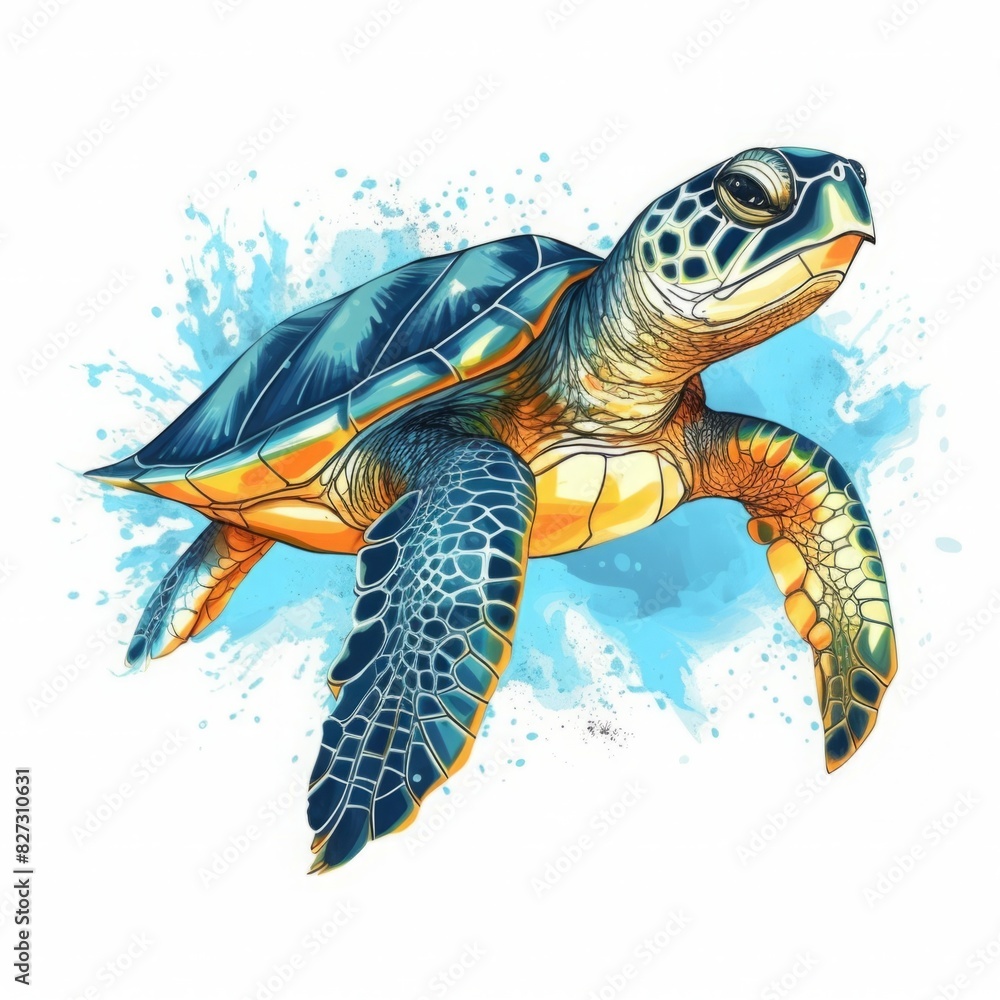 Obraz premium Turtle on the white background. Water splashes. Animal silhouette sketch. Hand drawn art illustration. Graphic for fabric ,tee-shirt, postcard, greeting card, logo, poster, sticker. 