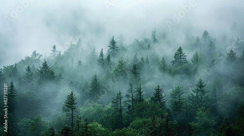 Dense fog over tranquil  misty forest. Trees loom like giants.