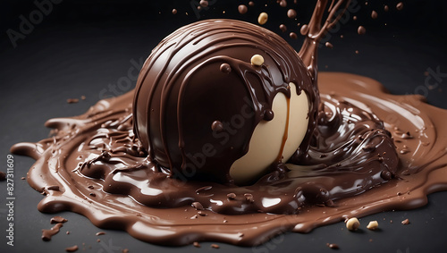 World chocolate day, A decadent chocolate truffle splashes into a pool of melted chocolate, sending droplets and smaller chocolate balls into the air