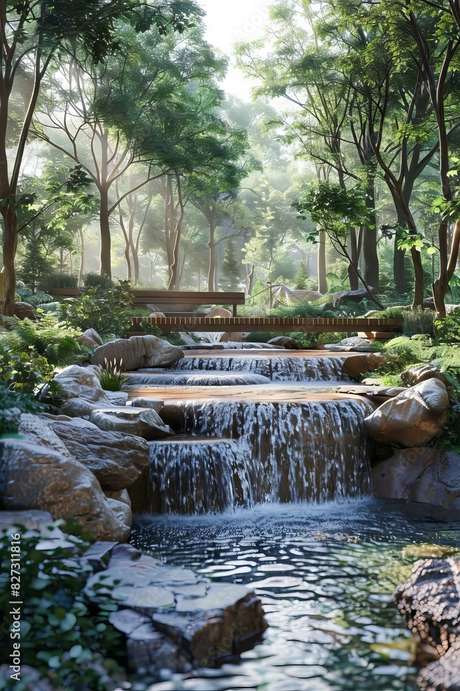 Fototapeta premium A wooden bridge over a small waterfall in a forest