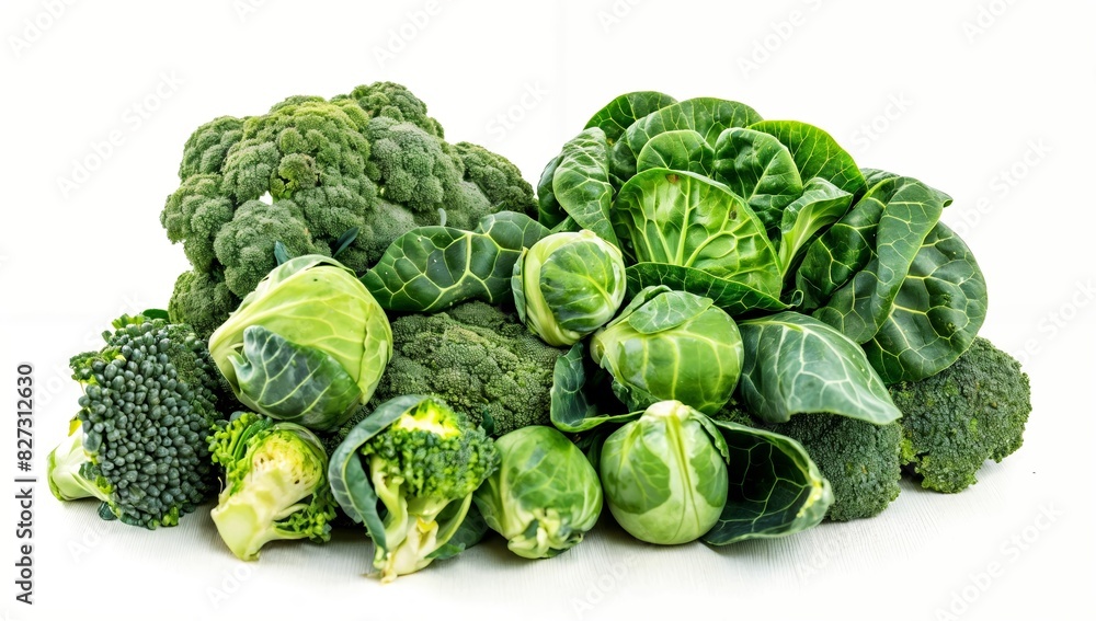 Fototapeta premium Freshly Arranged Cruciferous Vegetables Including Broccoli and Brussels Sprouts on White Background with Copy Space for Text