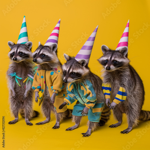A group of cute raccoons in birthday party
