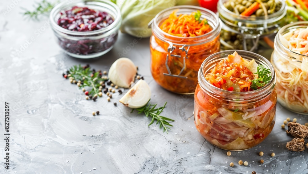 Fermented Foods Variety - Kimchi and Sauerkraut Grouping for Probiotics on White Background with Copy Space Fermented Foods Variety - Kimchi and Sauerkraut Grouping for Probiotics on White Background with Copy Space