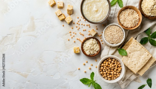 Tableau of Fermented Soy Products - Miso and Tempeh for Probiotics on White Background with Copy Space