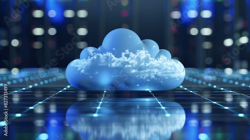 Futuristic Data Center with Floating Cloud Computing Icon in Neon Blue