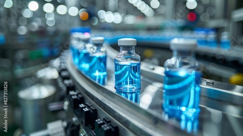 Medical glass vials filled with medicine or vaccines on the production line of a pharmaceutical factory. 