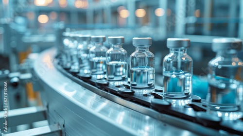 Medical glass vials filled with medicine or vaccines on the production line of a pharmaceutical factory. 