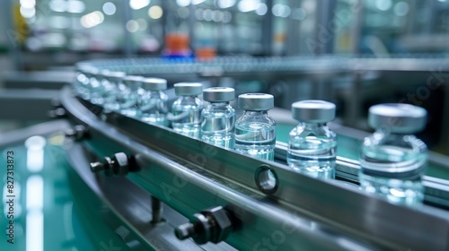 Medical glass vials filled with medicine or vaccines on the production line of a pharmaceutical factory. 