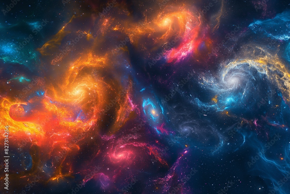 A celestial panorama of swirling galaxies and cosmic nebulae, with vibrant colors and ethereal textures capturing the awe-inspiring beauty of the universe in this abstract 