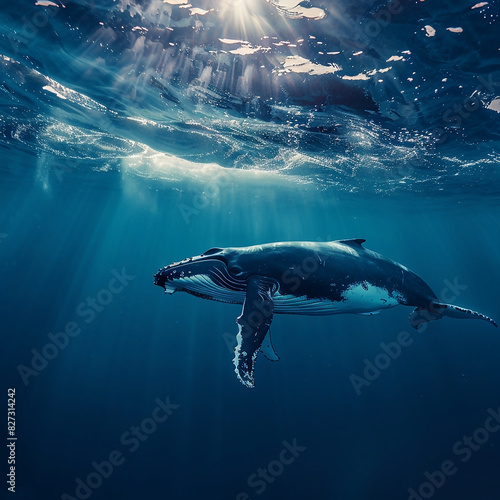 Whale swimming in the blue sea. Underwater scene  Humpback whale underwater in the Caribbean