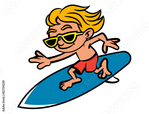 Blonde hair Surfer Boy cartoon characters wearing sunglasses and playing ocean waves with surfboard. Best for sticker, logo, and mascot with summer themes