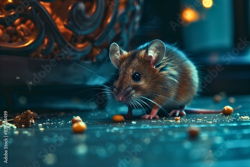 Small mouse timidly exploring a dark kitchen.