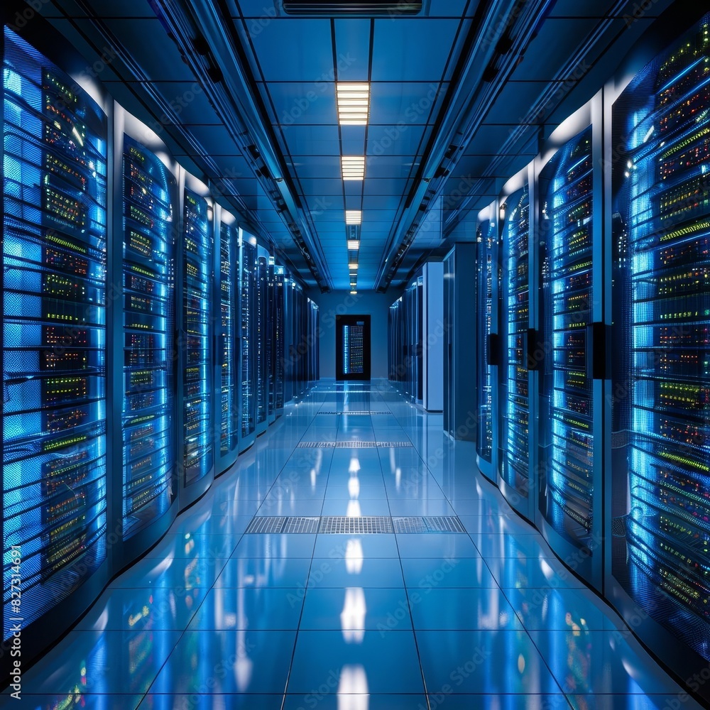 Fototapeta premium A long, blue-lit hallway with rows of server racks on either side. The floor is made of reflective material, and the ceiling is lined with bright lights.