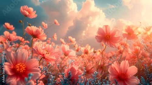 spring morning with the sky in soft fluffy hues of peach and light blue  illuminatingfield of flowers