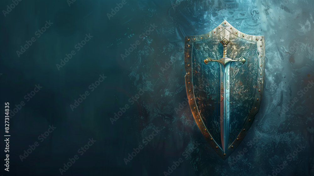 Fototapeta premium fantasy knight shield with sword isolated on dark grunge background with copy space for text, Medieval period concept
