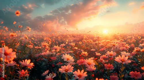 spring morning with the sky in soft fluffy hues of peach and light blue, illuminatingfield of flowers