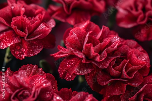 A close-up view of crimson carnations with dewdrops glistening on their petals  their delicate fragrance filling the air with hints of spice and sweetness.