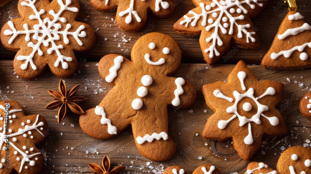 Top view of homemade gingerbread cookies on a table at Christmas Top view of homemade gingerbread cookies on a table at Christmas