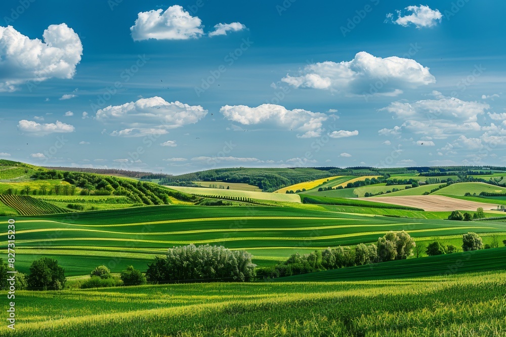 Lush Green Agricultural Fields Under Blue Sky