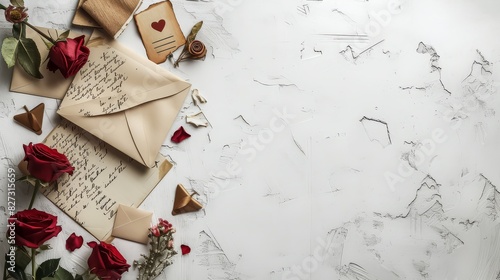 a romantic and timeless composition featuring elements like vintage love letters roses or other symbols of romance on a white texture background