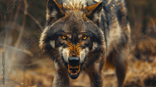 furious wolf growling and looking at camera in forest photo