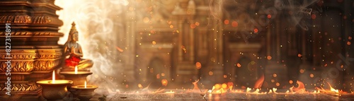 Hindu Temple Focus on devotees offering prayers with a temple background, empty space left for text