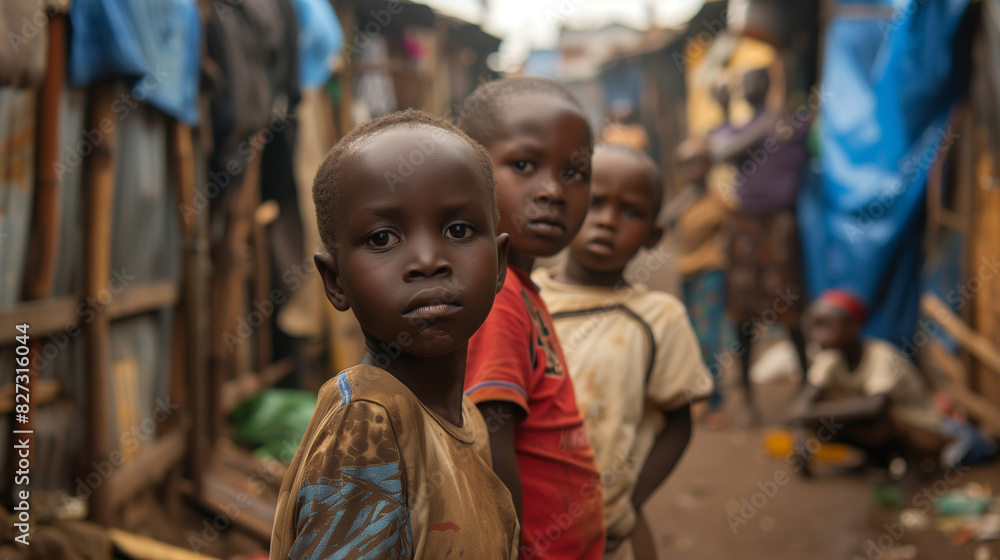 Poor homeless african children in slum looking at camera, Africa Children poverty concept