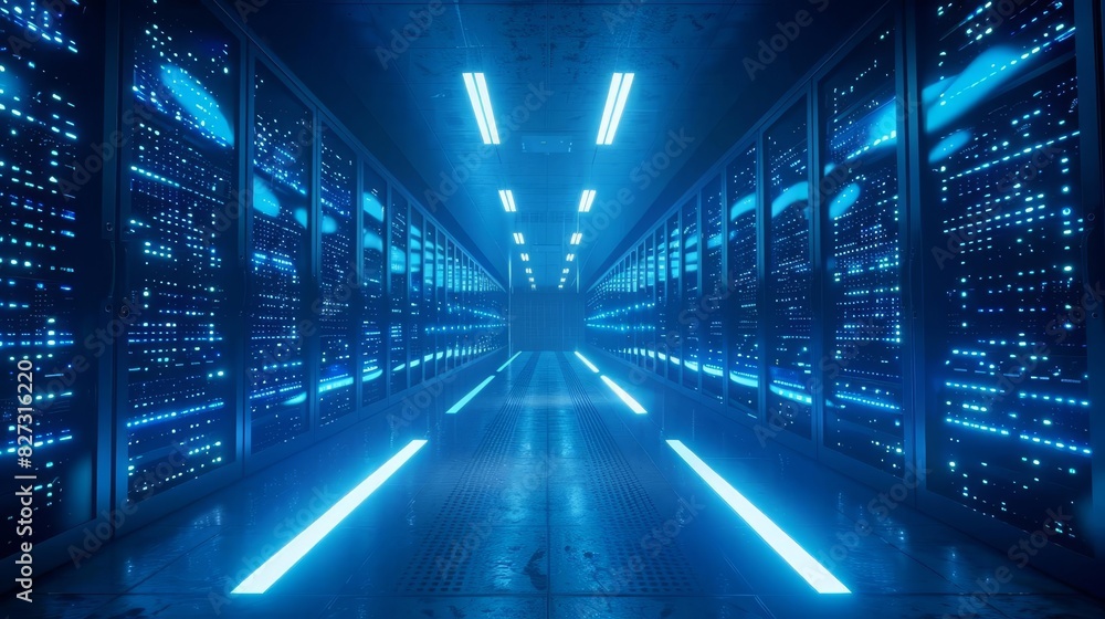 A dark and mysterious data center. The blue lights of the servers are reflected on the floor. The atmosphere is cold and sterile. A dark and mysterious data center. The blue lights of the servers are reflected on the floor. The atmosphere is cold and sterile.