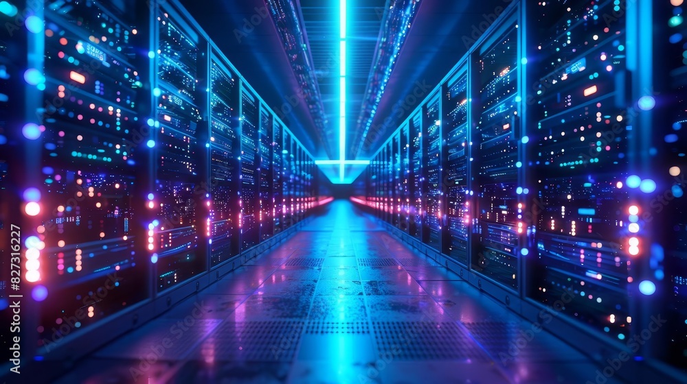 A futuristic data center with rows of servers and a bright blue light in the center. A futuristic data center with rows of servers and a bright blue light in the center.
