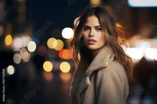 woman standing on city street at night