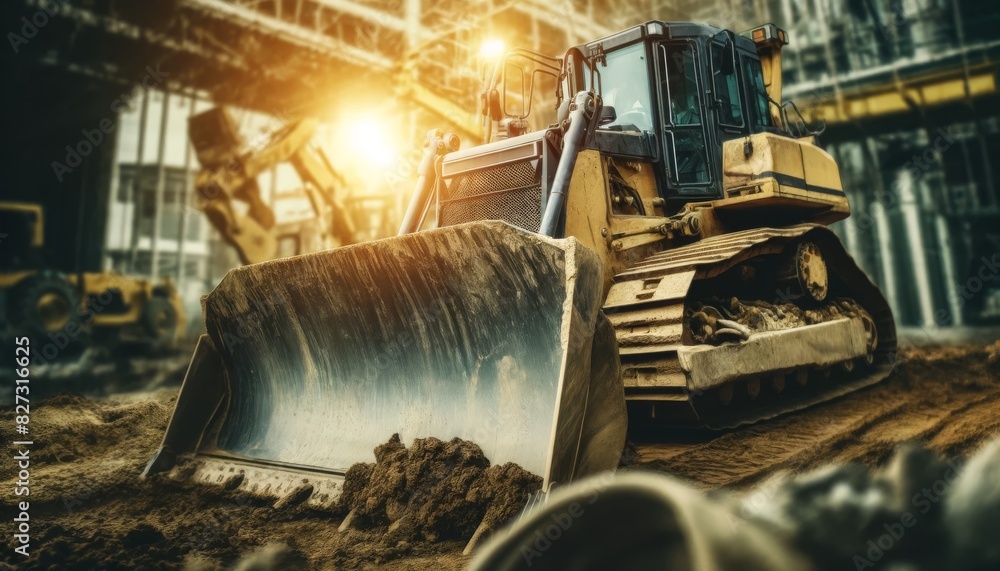 Fototapeta premium Bulldozer at Construction Site at Sunset