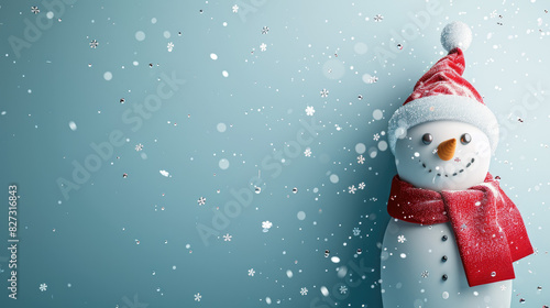 A 3D cute snowman peeking from the right side of an empty white wall, wearing a red scarf and hat with silver glitter confetti on a blue background