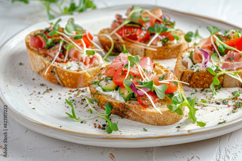 Close-up with Bruschetta with baguette, bacon or meat, cream cheese, micro-greenery, fresh cucumber and sprouts, on white plate on white textured background. Antipasto - generative ai