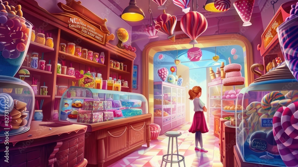 Magical cartoon candy shop with delectable sweets and friendly owners