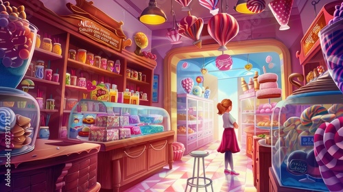 Magical cartoon candy shop with delectable sweets and friendly owners
