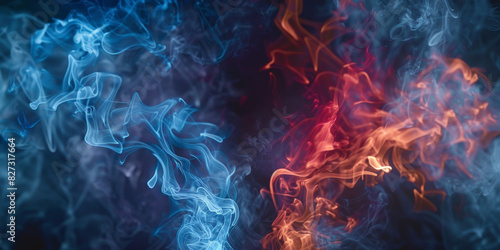Blue and red flames colliding with particles in motion creating a dramatic and intense visual effect.banner
 photo