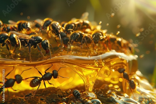 Closeup of honey ants collaboratively working on a flowing golden honey in warm sunlight photo