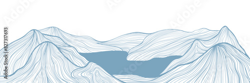 Abstract landscape illustration with mountines,lake, night sky and moon in line art style on white.  Best for deign invitation, packaging design, wall art, banner or cover. Vector illustration.